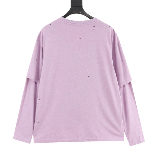 Acne Studios Distressed Layered‑Look Lavender Long‑Sleeve Logo Print T‑Shirt