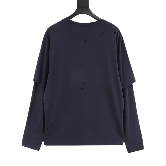 Acne Studios Distressed Layered‑Look Navy Blue Long‑Sleeve Logo Print T‑Shirt