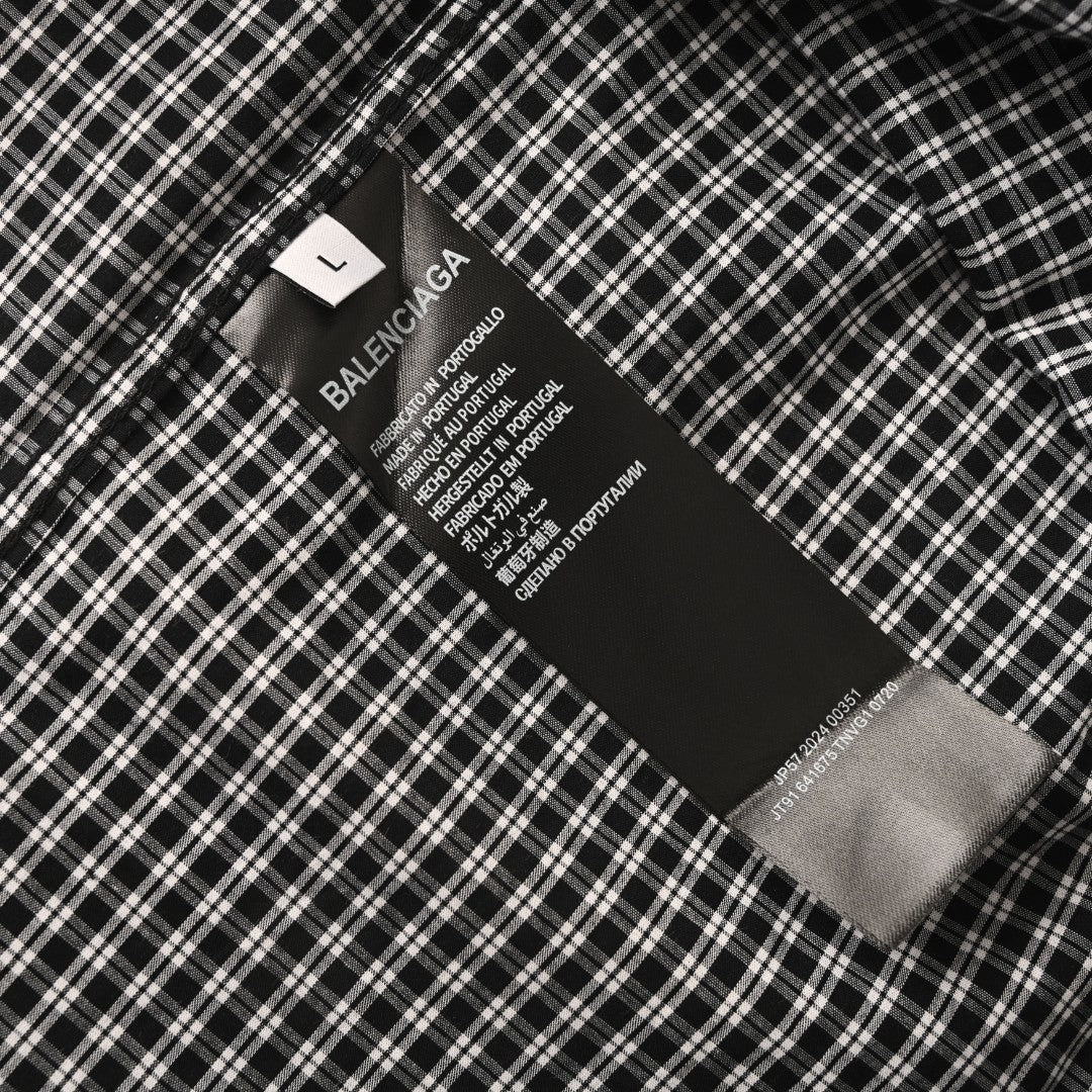 Balenciaga Black White Gingham Logo Back Print Long Sleeve Shirt