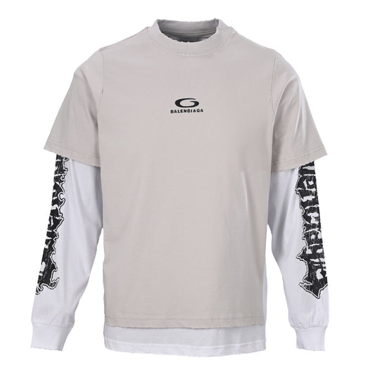 Balenciaga Hybrid-Double Unisex Layered Long-Sleeve T-Shirt in Light Grey & White