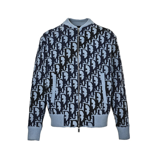 Dior Oblique Unisex Full-Zip Knit Bomber Jacket in Blue