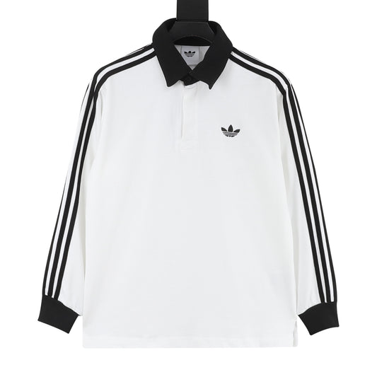 Adidas Originals Trefoil 3‑Stripe White Contrast Collar Long‑Sleeve Rugby Polo