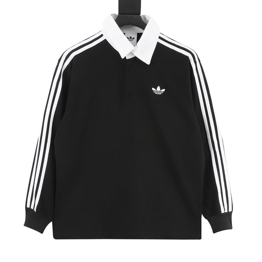 Adidas Originals Trefoil 3‑Stripe Black Contrast‑Collar Long‑Sleeve Rugby Polo