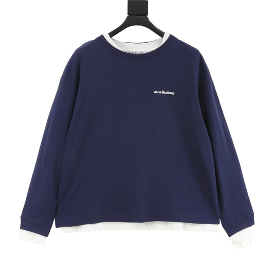 Acne Studios Embroidered‑Logo Navy Blue Faux‑Layered Long‑Sleeve T‑Shirt