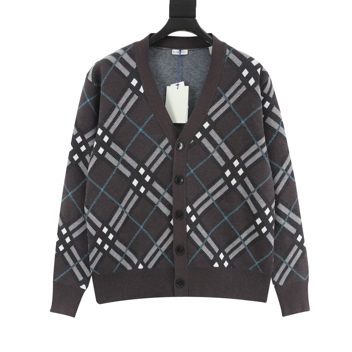 Burberry Check‑Pattern Dark Brown V‑Neck Knit Cardigan
