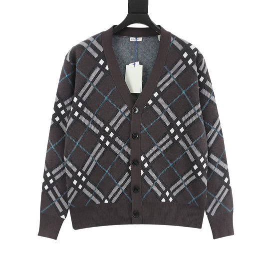 Burberry Check‑Pattern Dark Brown V‑Neck Knit Cardigan