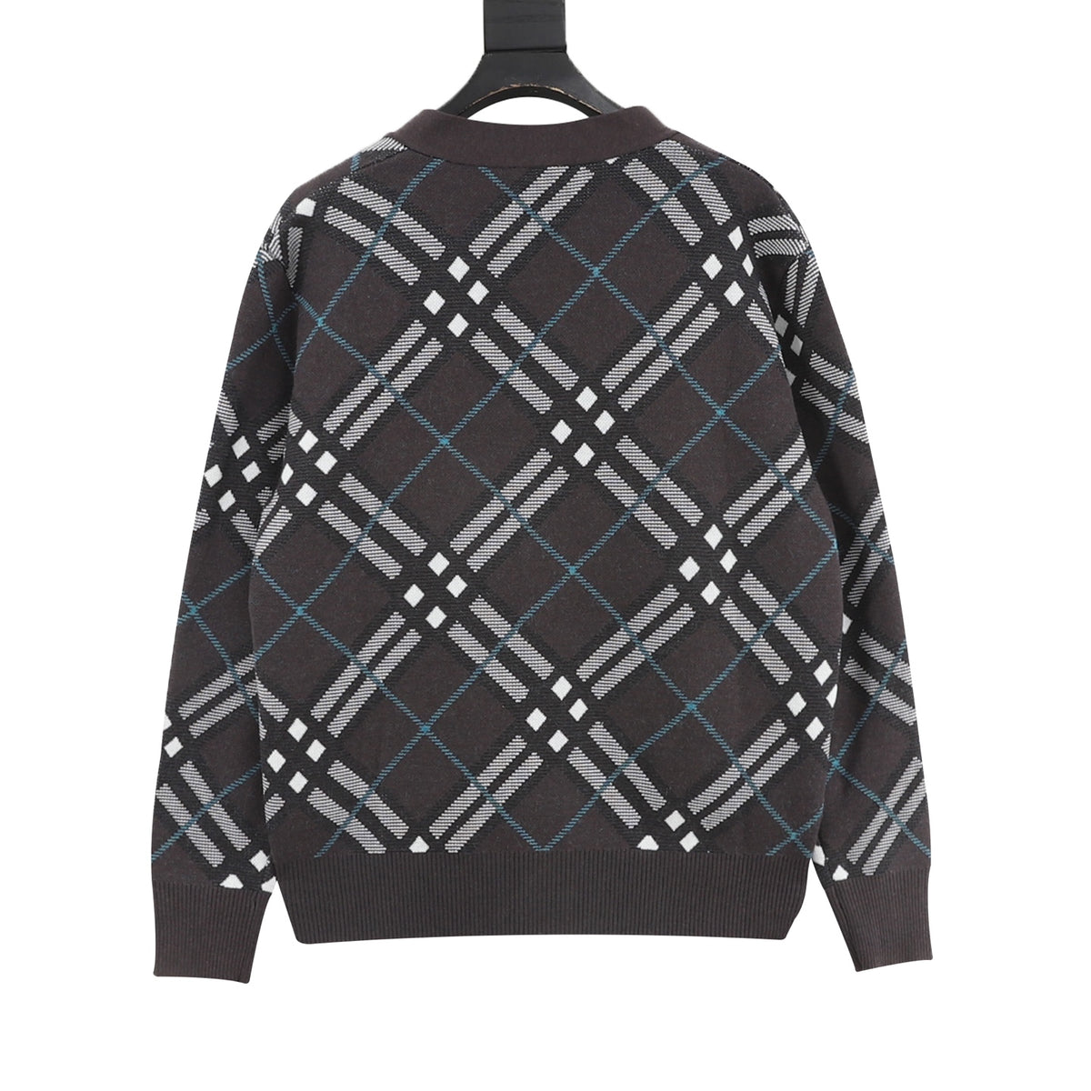 Burberry Check‑Pattern Dark Brown V‑Neck Knit Cardigan