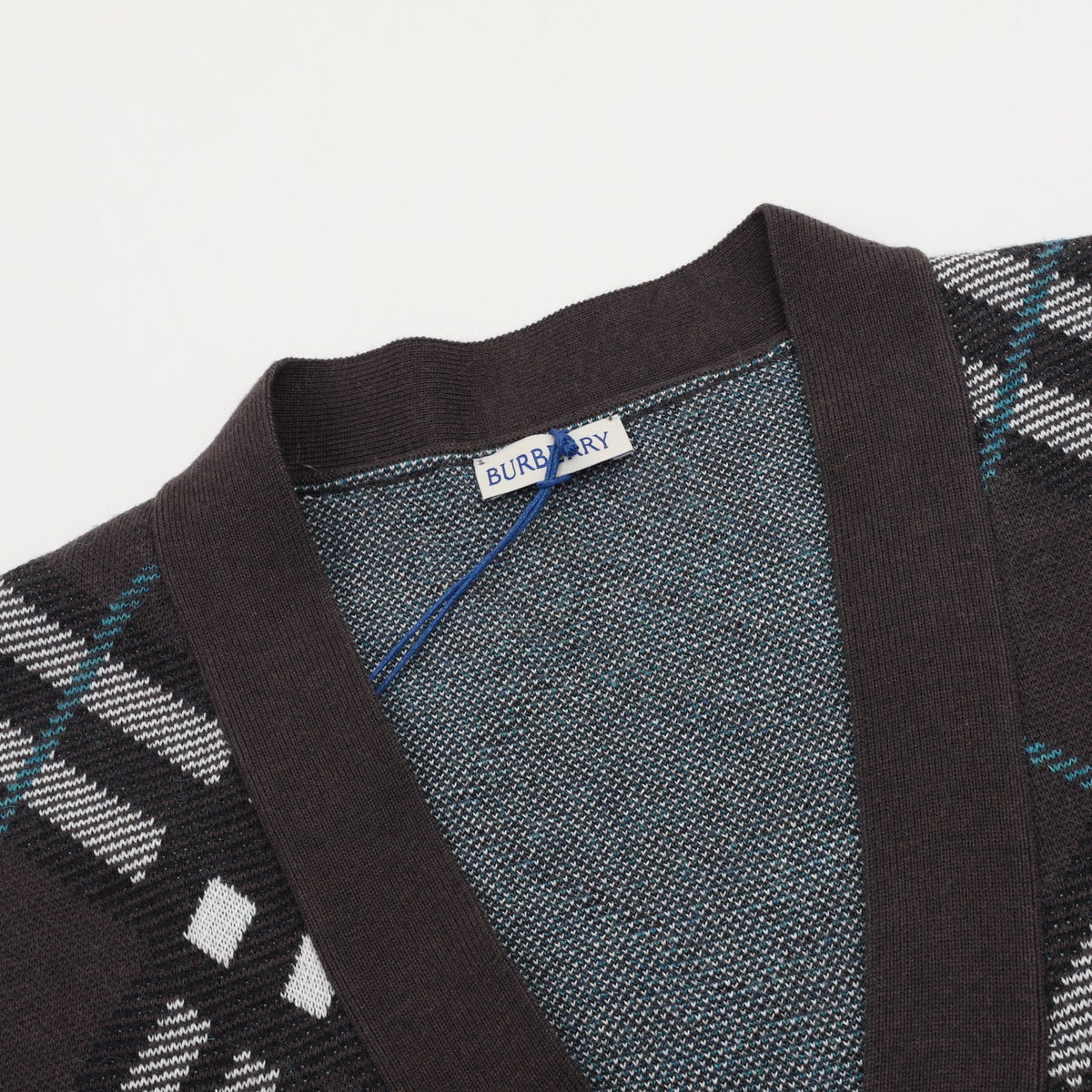 Burberry Check‑Pattern Dark Brown V‑Neck Knit Cardigan