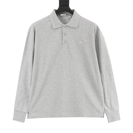Burberry Equestrian Knight Embroidery Heather‑Grey Long‑Sleeve Pique Polo