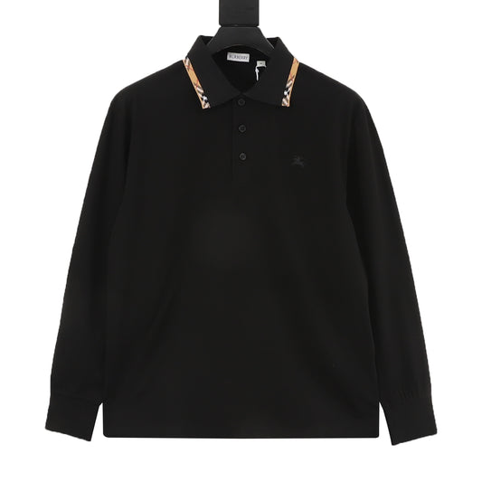 Burberry Vintage‑Trim Collar Black Long‑Sleeve Polo Shirt