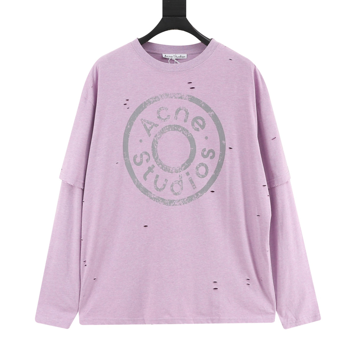 Acne Studios Distressed Layered‑Look Lavender Long‑Sleeve Logo Print T‑Shirt