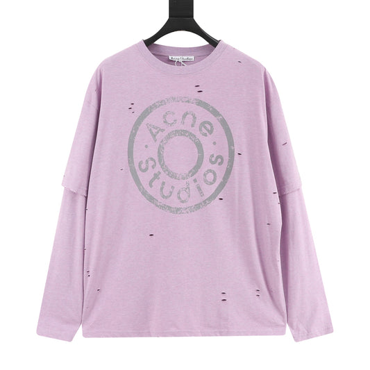 Acne Studios Distressed Layered‑Look Lavender Long‑Sleeve Logo Print T‑Shirt