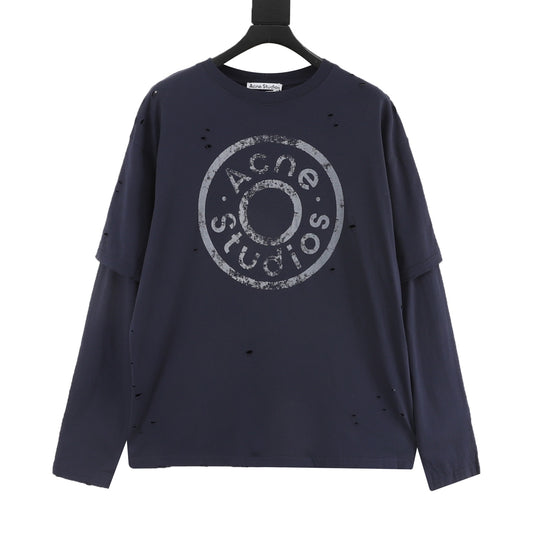 Acne Studios Distressed Layered‑Look Navy Blue Long‑Sleeve Logo Print T‑Shirt