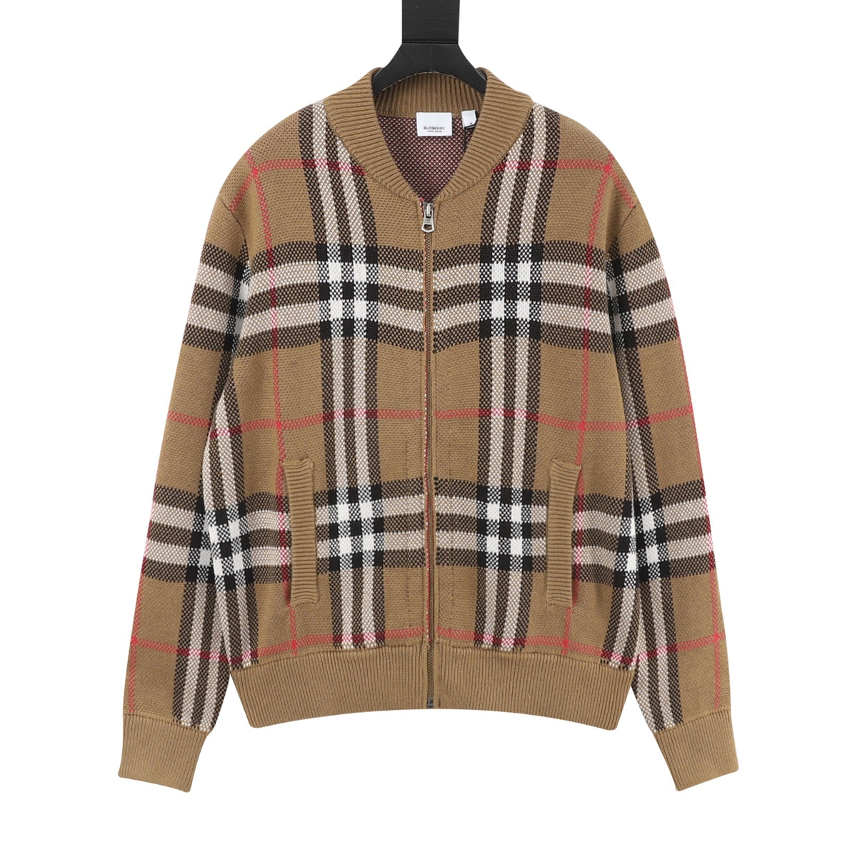 Burberry Vintage Check Camel Full‑Zip Knit Bomber Jacket
