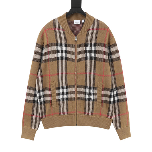 Burberry Vintage Check Camel Full‑Zip Knit Bomber Jacket
