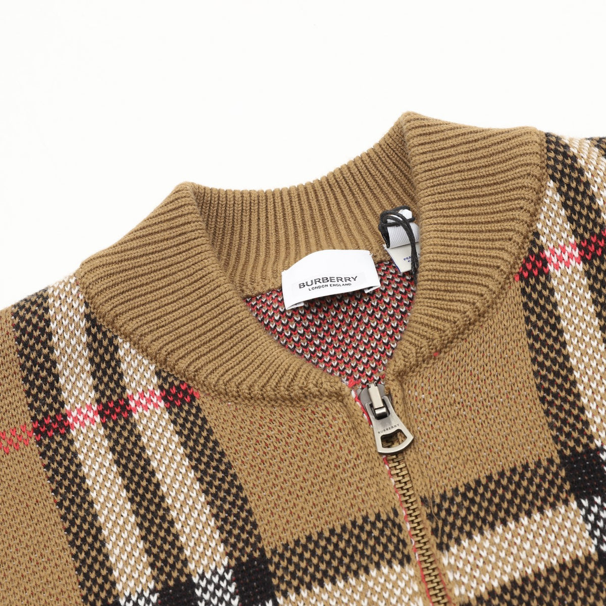 Burberry Vintage Check Camel Full‑Zip Knit Bomber Jacket