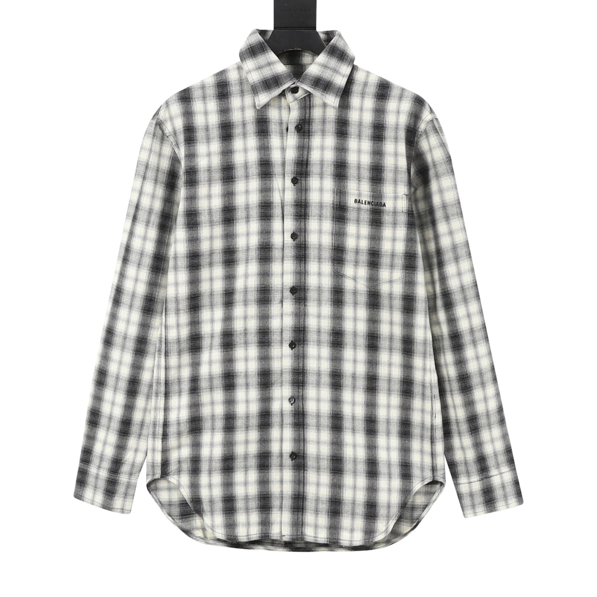 Balenciaga Logo Print Plaid Flannel Shirt in Black and White