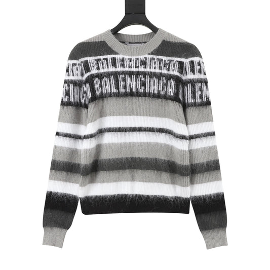 Balenciaga Logo Jacquard Striped Mohair Crewneck Sweater in Grey