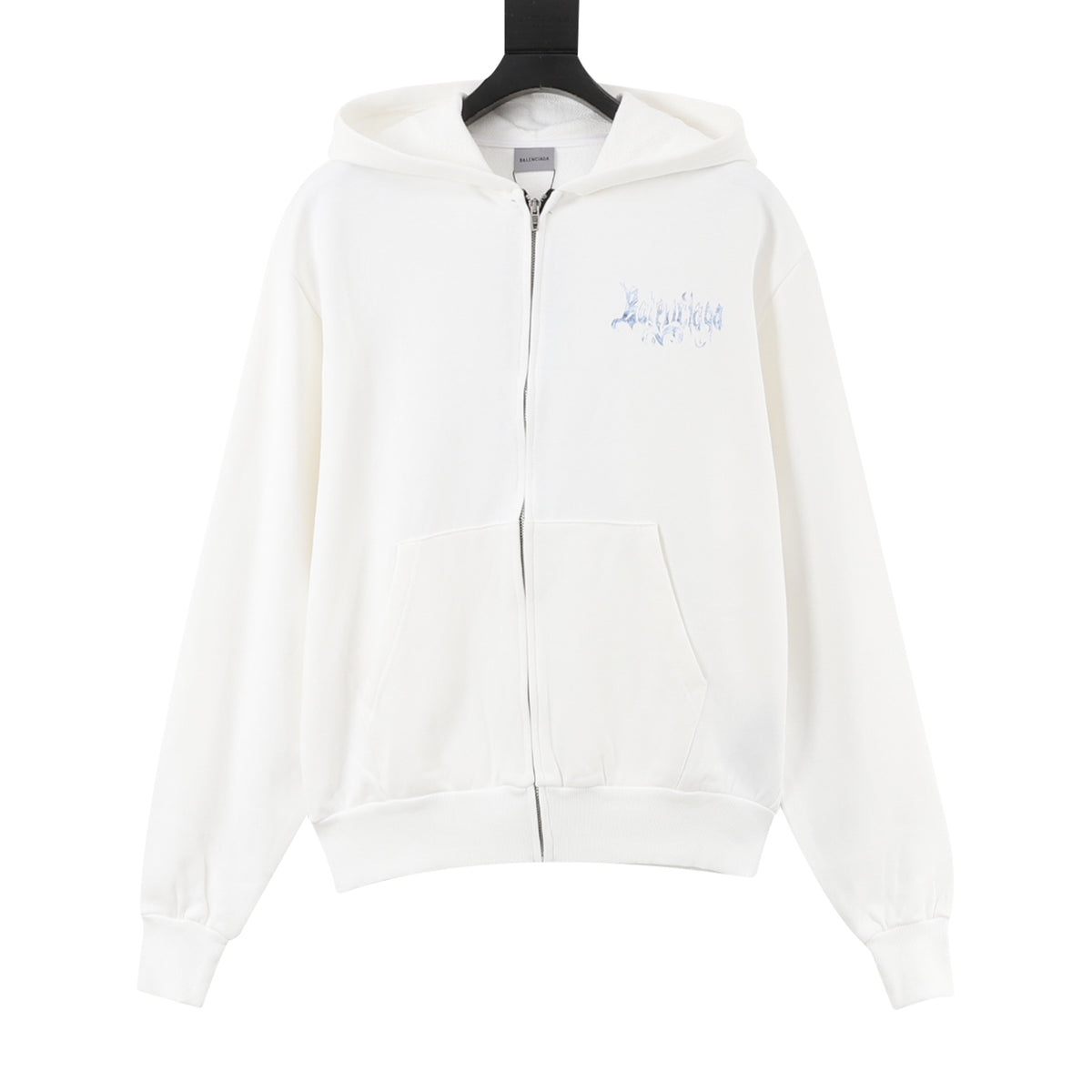 Balenciaga Blue Gothic Logo Zip-Up Hoodie in White