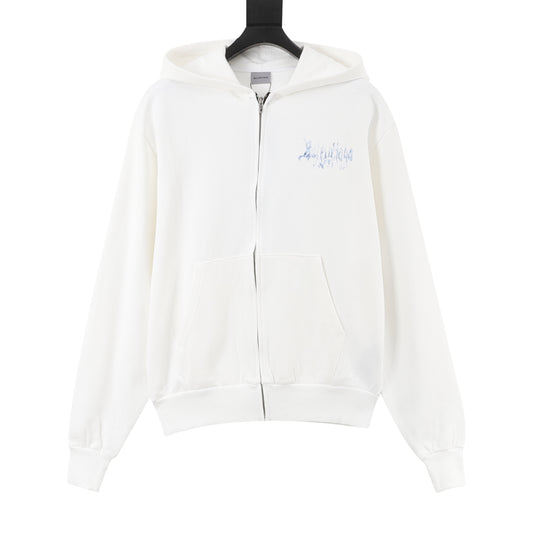 Balenciaga Blue Gothic Logo Zip-Up Hoodie in White