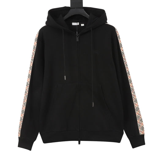 Burberry Vintage Check Panel & Knight Logo Zip-Up Hoodie in Black