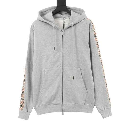 Burberry Vintage Check Panel & Knight Logo Zip-Up Hoodie in Grey