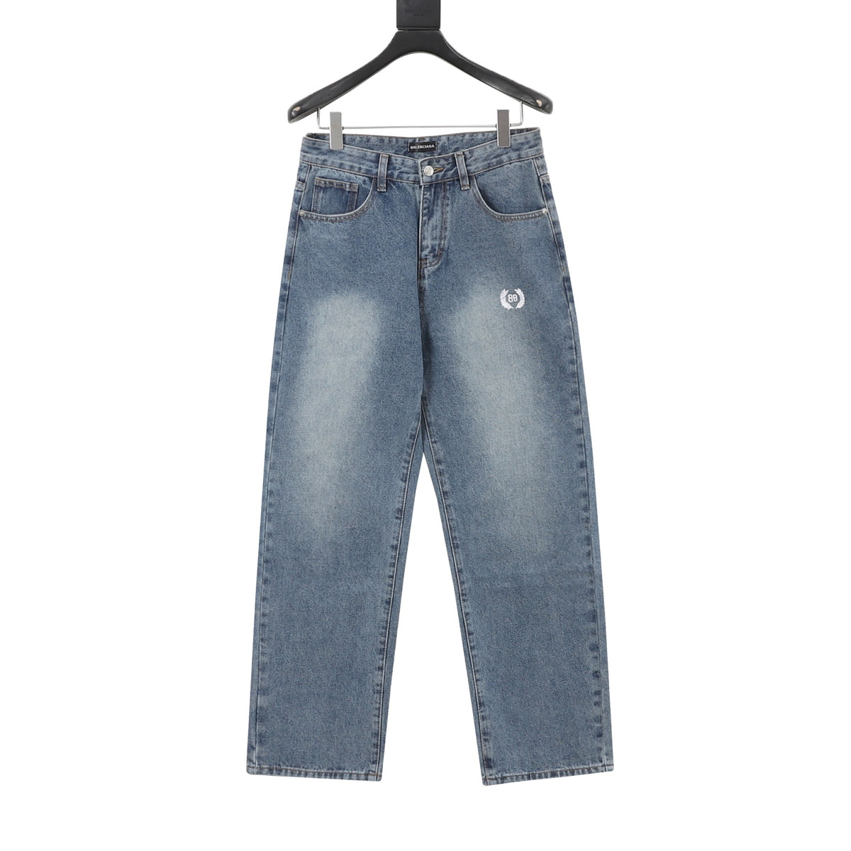 Balenciaga BB Laurel Embroidered Wide-Leg Jeans in Washed Blue