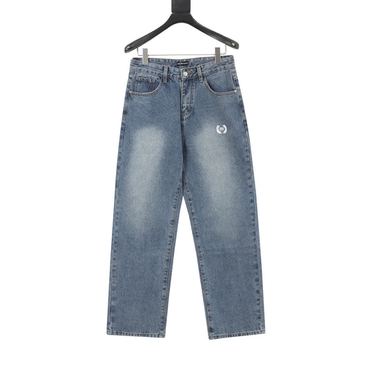Balenciaga BB Laurel Embroidered Wide-Leg Jeans in Washed Blue