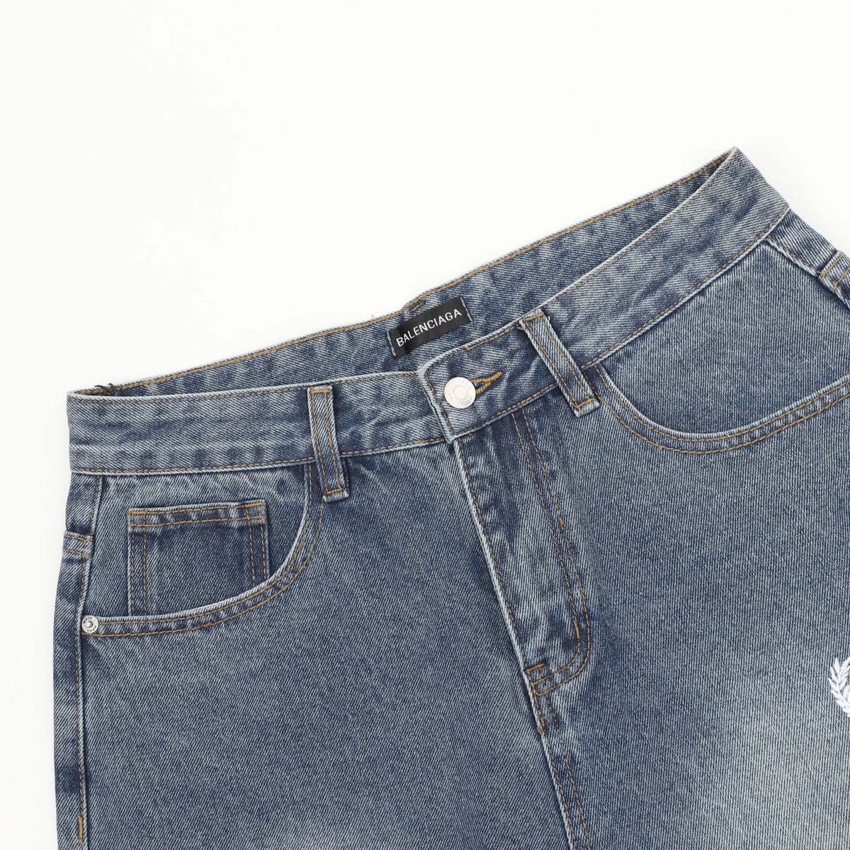 Balenciaga BB Laurel Embroidered Wide-Leg Jeans in Washed Blue