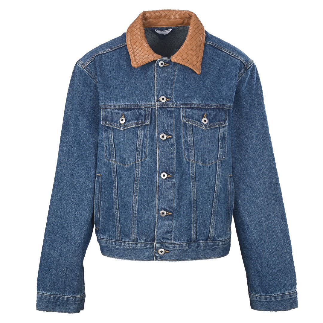Bottega Veneta Blue Denim Jacket With Intreccio Leather Collar