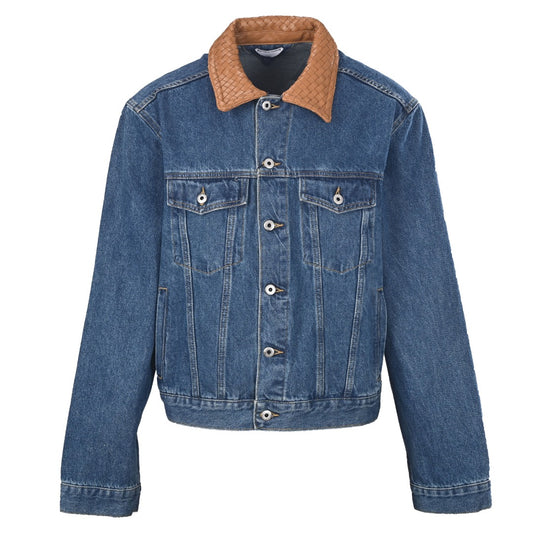 Bottega Veneta Blue Denim Jacket With Intreccio Leather Collar