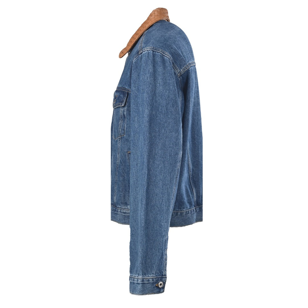 Bottega Veneta Blue Denim Jacket With Intreccio Leather Collar