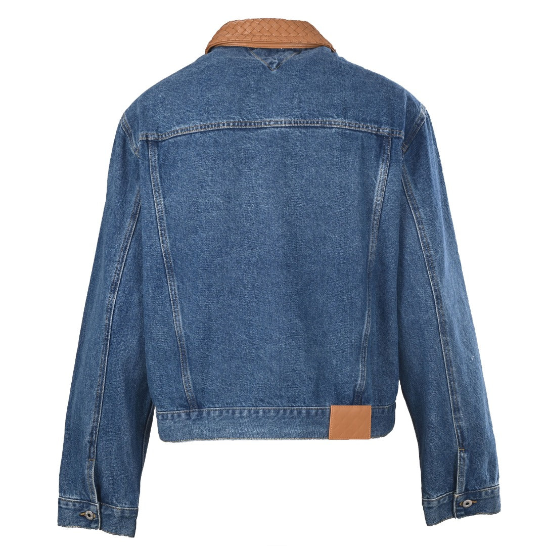 Bottega Veneta Blue Denim Jacket With Intreccio Leather Collar