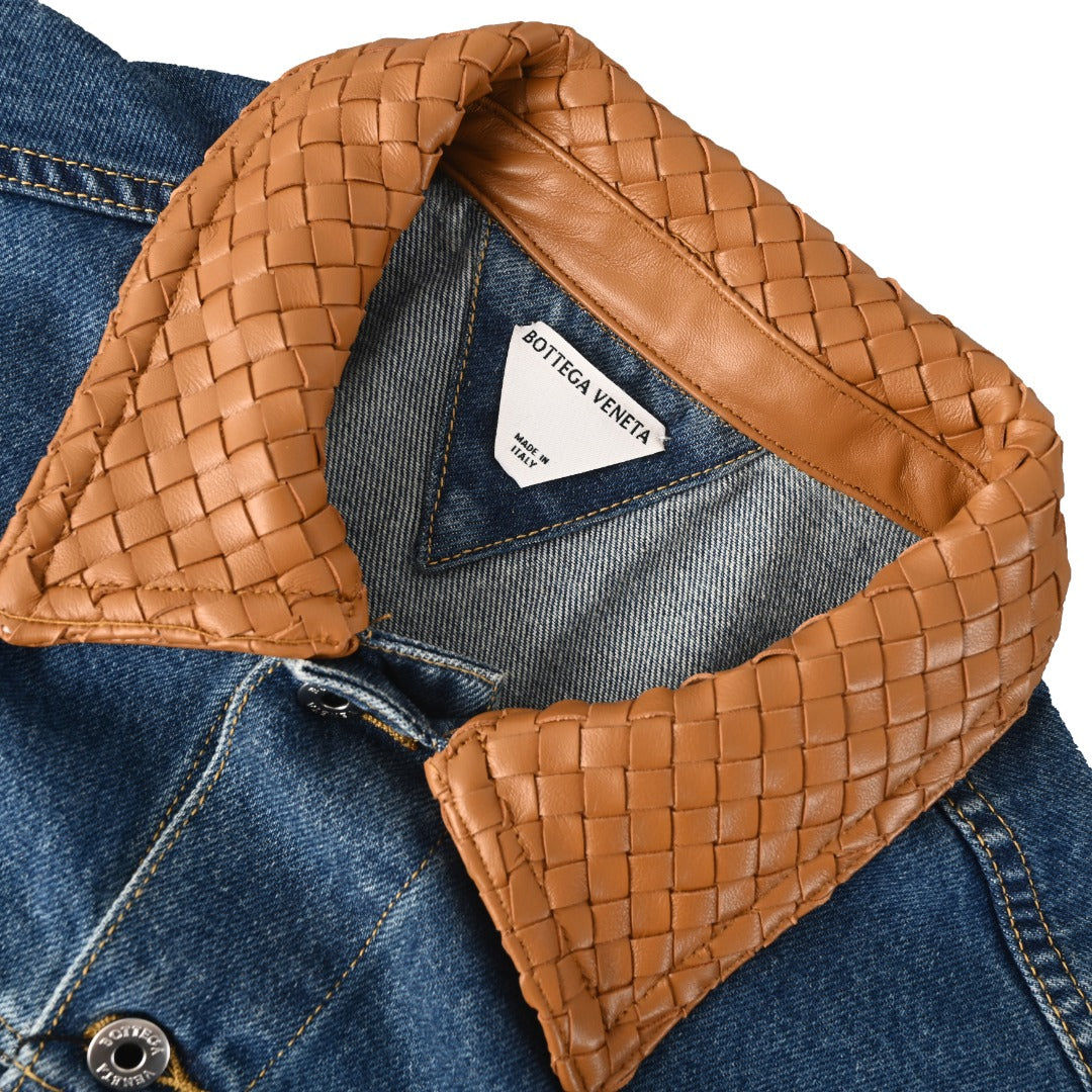 Bottega Veneta Blue Denim Jacket With Intreccio Leather Collar