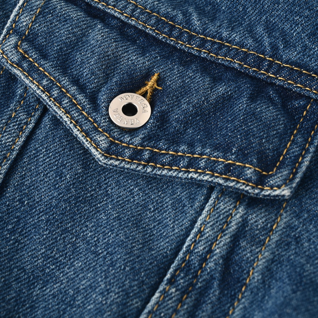 Bottega Veneta Blue Denim Jacket With Intreccio Leather Collar