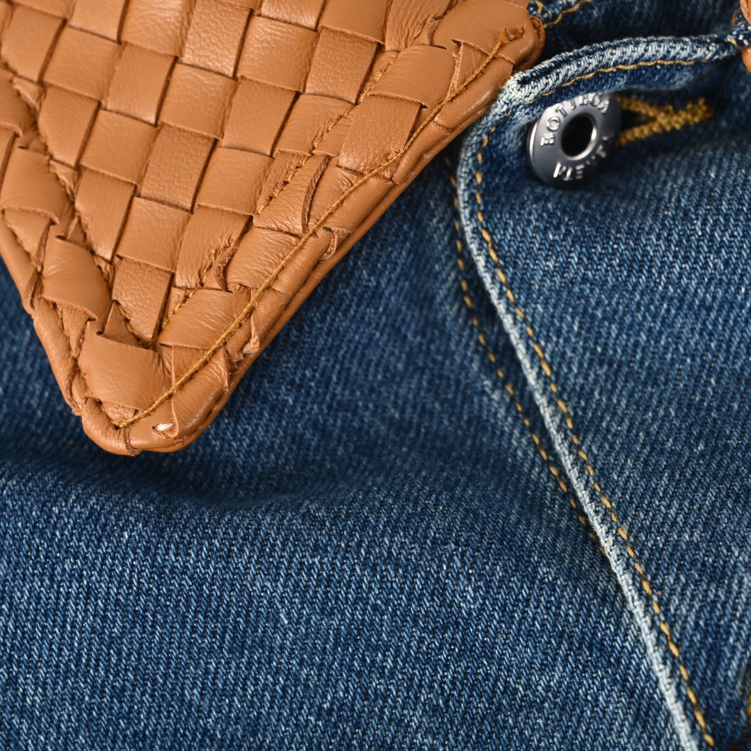 Bottega Veneta Blue Denim Jacket With Intreccio Leather Collar