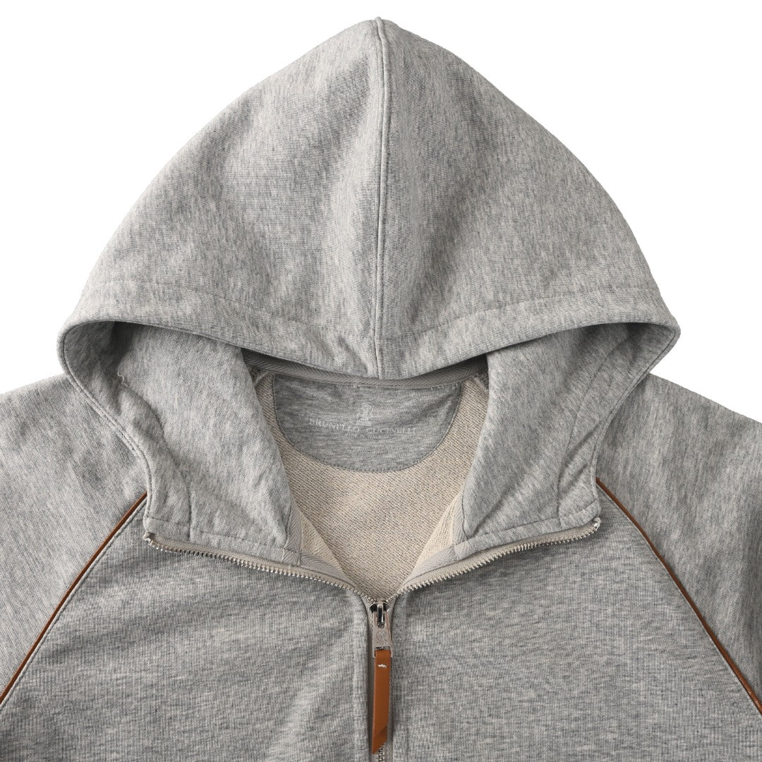 Brunello Cucinelli Heather Grey Full Zip Hooded Sweatshirt