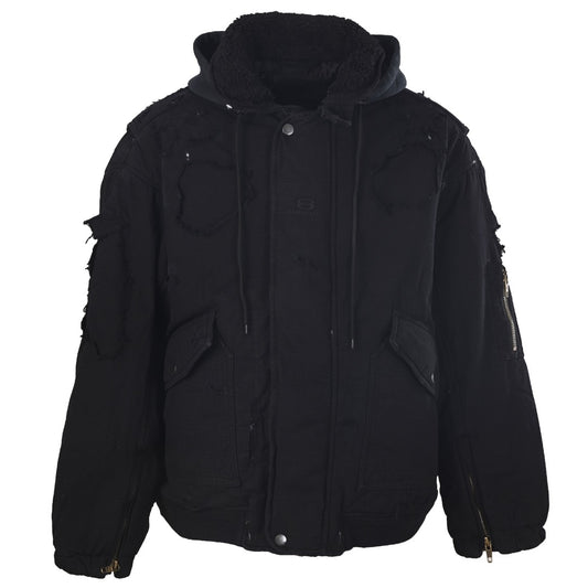 Balenciaga Black Distressed Hooded Shearling Collar Bomber Jacket