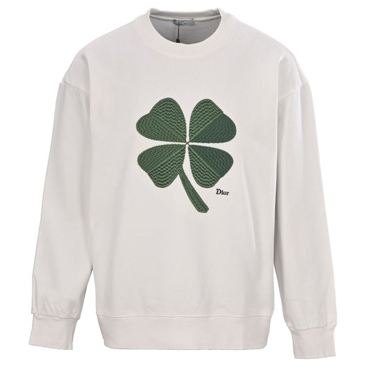 Dior White Four-Leaf Clover Embroidered Crew Sweatshirt