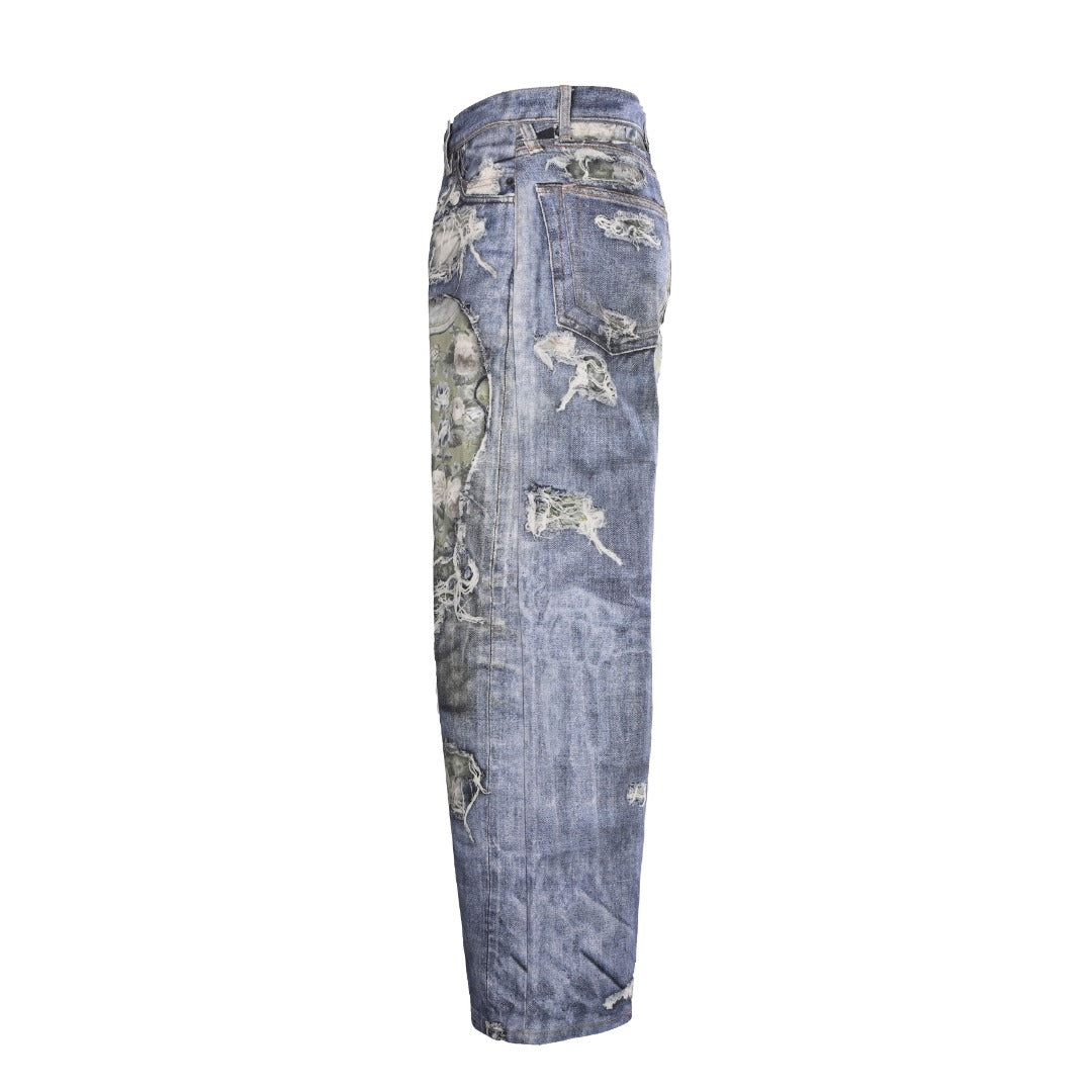 Acne Studios Blue Floral Patch Distressed Wide Leg Jeans