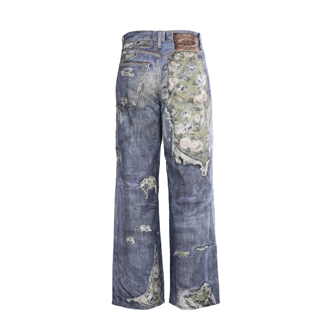Acne Studios Blue Floral Patch Distressed Wide Leg Jeans