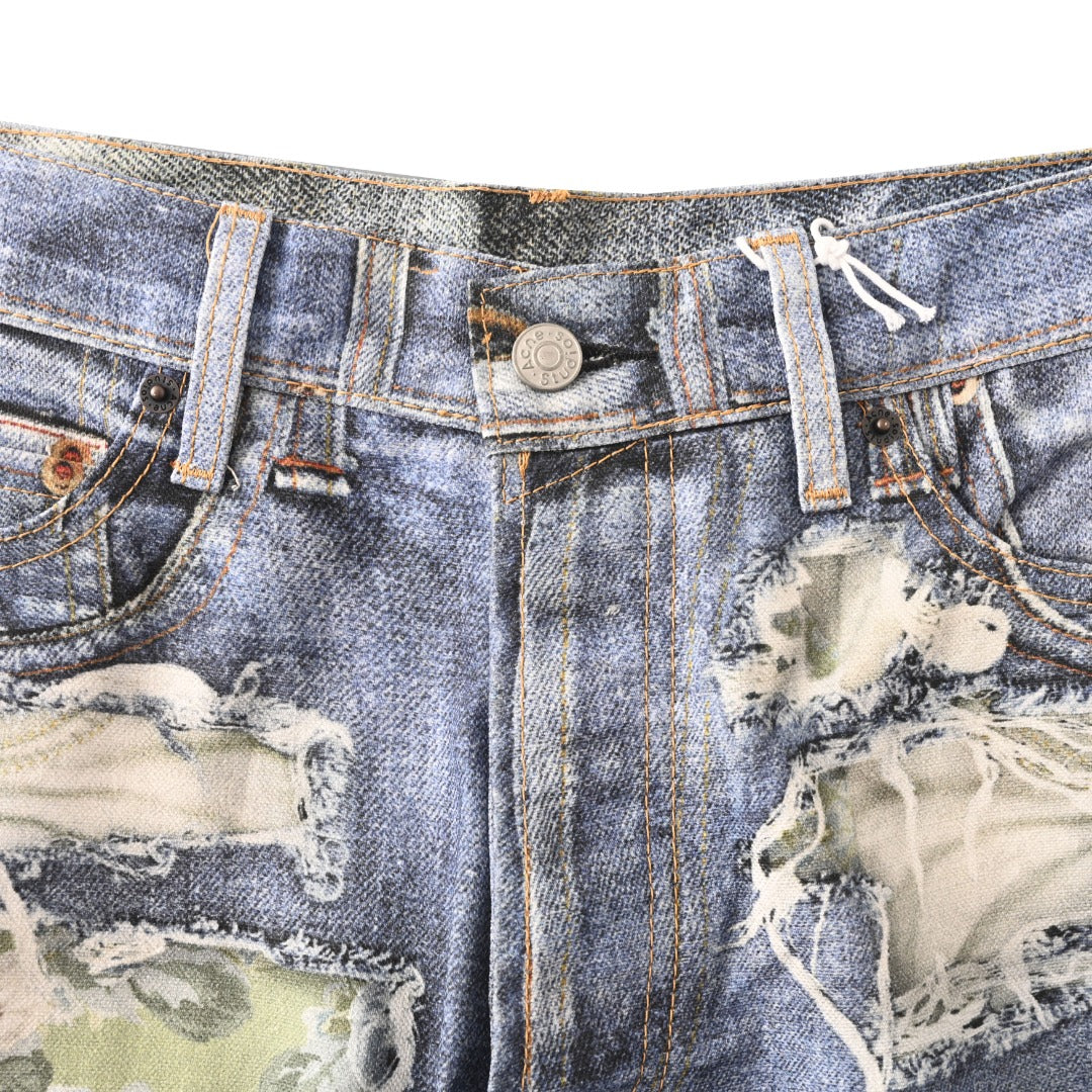 Acne Studios Blue Floral Patch Distressed Wide Leg Jeans