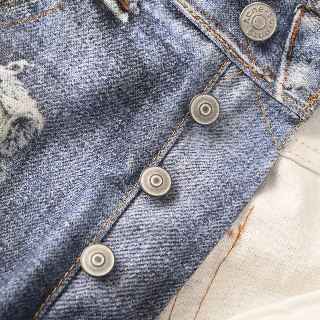 Acne Studios Blue Floral Patch Distressed Wide Leg Jeans