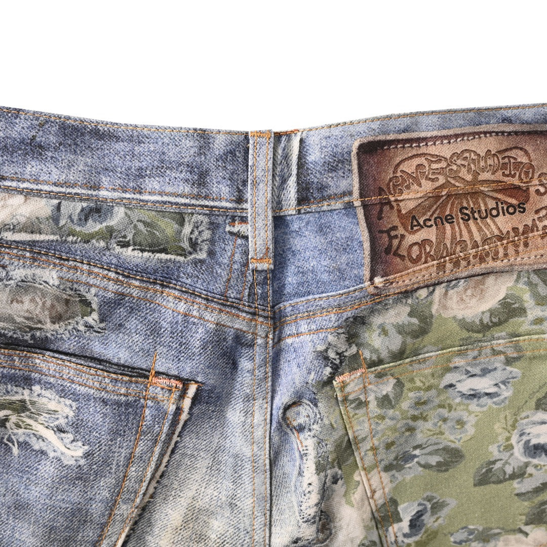 Acne Studios Blue Floral Patch Distressed Wide Leg Jeans