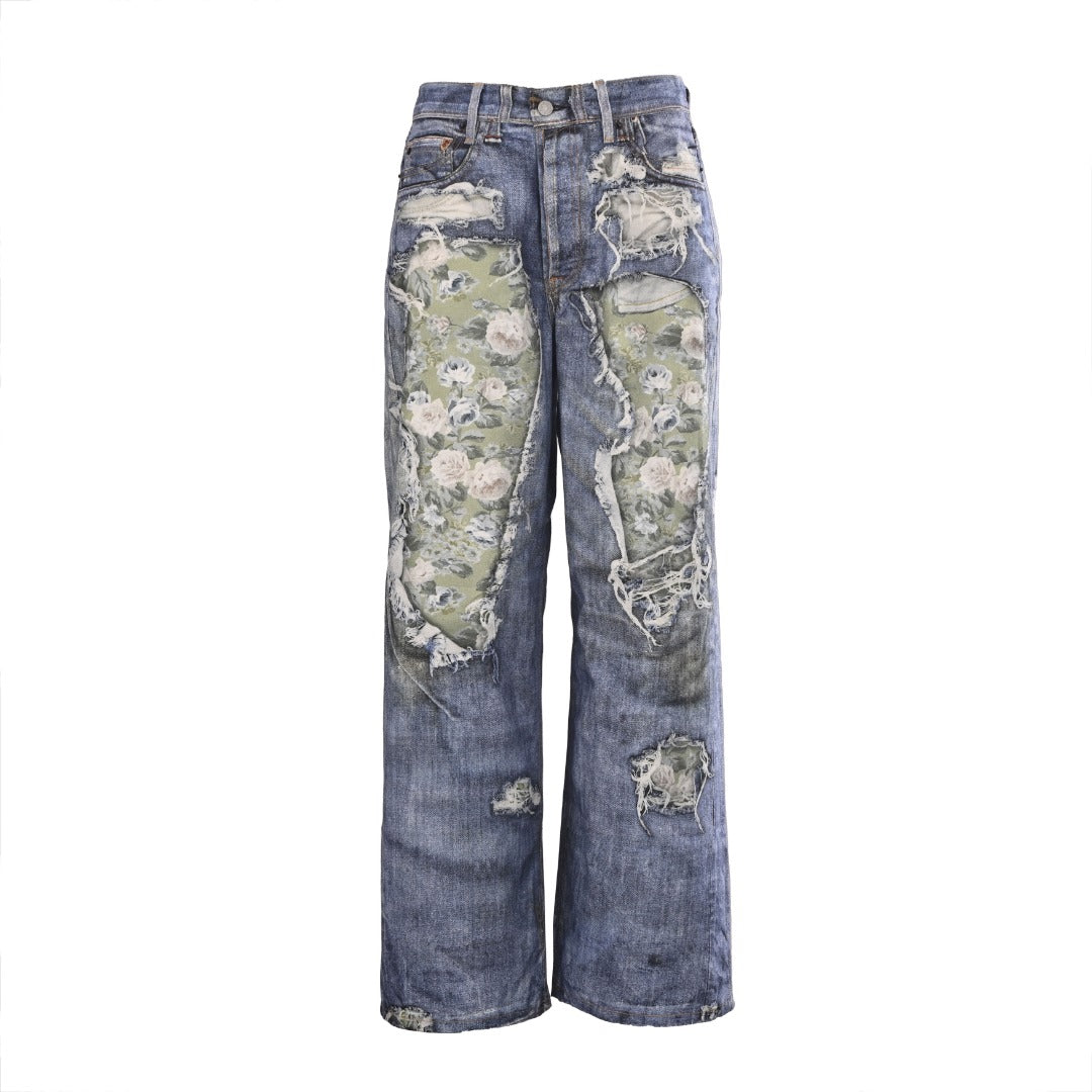 Acne Studios Blue Floral Patch Distressed Wide Leg Jeans