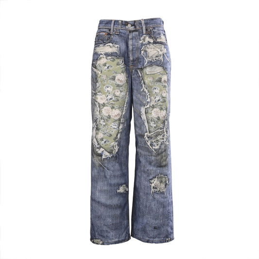 Acne Studios Blue Floral Patch Distressed Wide Leg Jeans