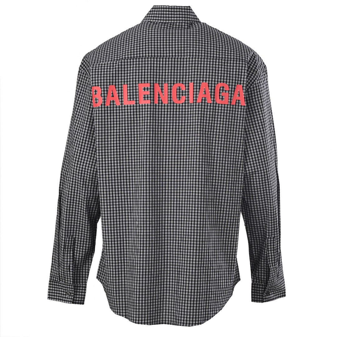 Balenciaga Black White Gingham Logo Back Print Long Sleeve Shirt