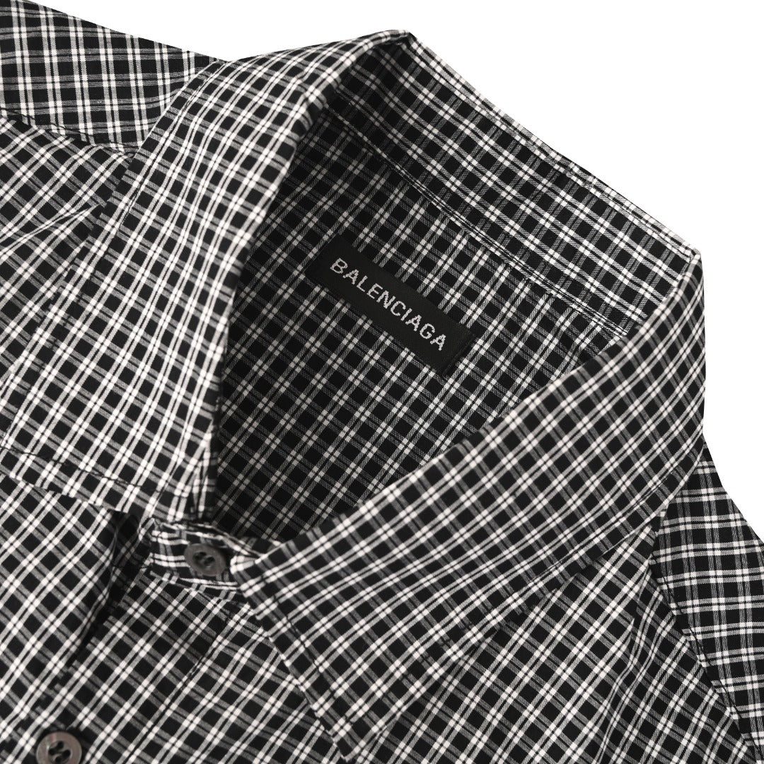 Balenciaga Black White Gingham Logo Back Print Long Sleeve Shirt
