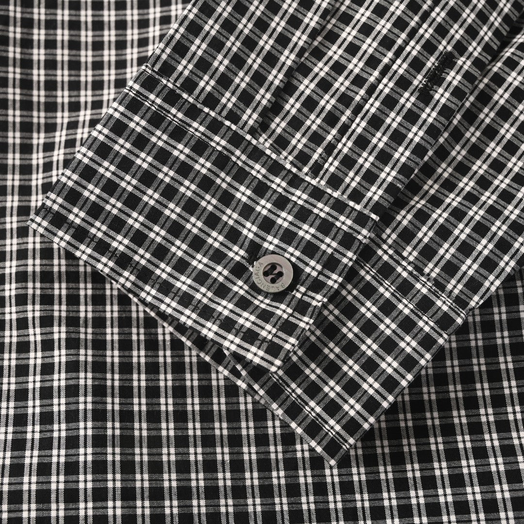 Balenciaga Black White Gingham Logo Back Print Long Sleeve Shirt