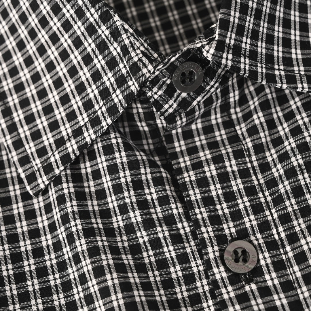 Balenciaga Black White Gingham Logo Back Print Long Sleeve Shirt